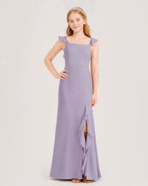 Wisteria Junior Bridesmaid Dress Flutter Sleeve Ruffle Side Slit Floor-Length A-Line Gown Front Full View