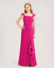 Hot Pink Junior Bridesmaid Dress Flutter Sleeve Ruffle Side Slit Floor-Length A-Line Gown Front Full View