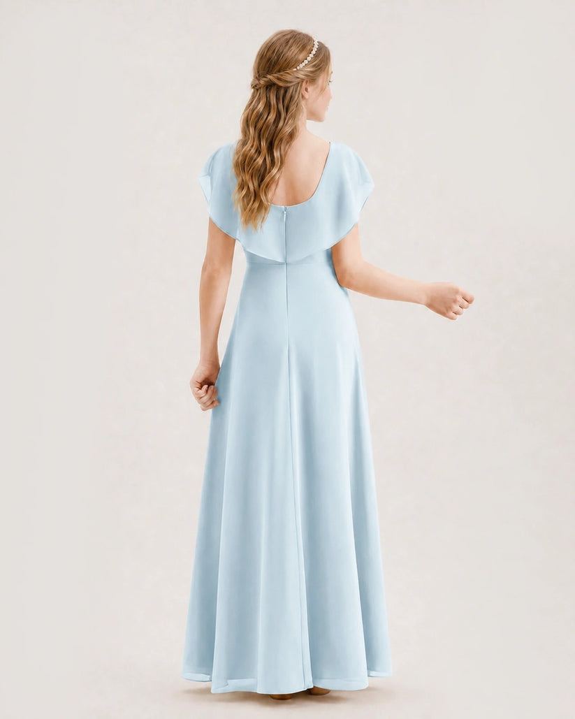 Baby Blue Chiffon Ruffle Sleeve Junior Bridesmaid Dresses Back View