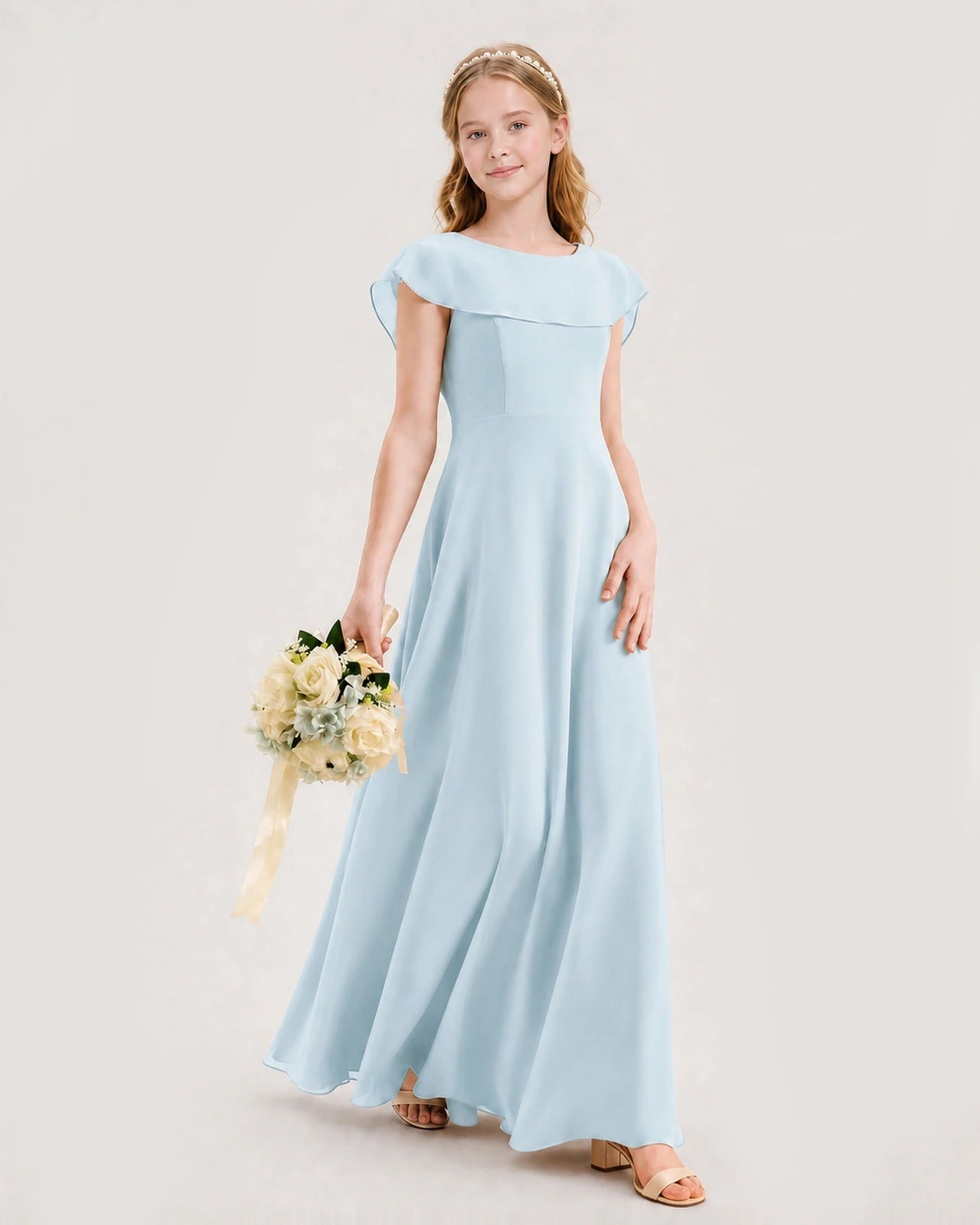 Baby Blue Chiffon Ruffle Sleeve Junior Bridesmaid Dresses Side View
