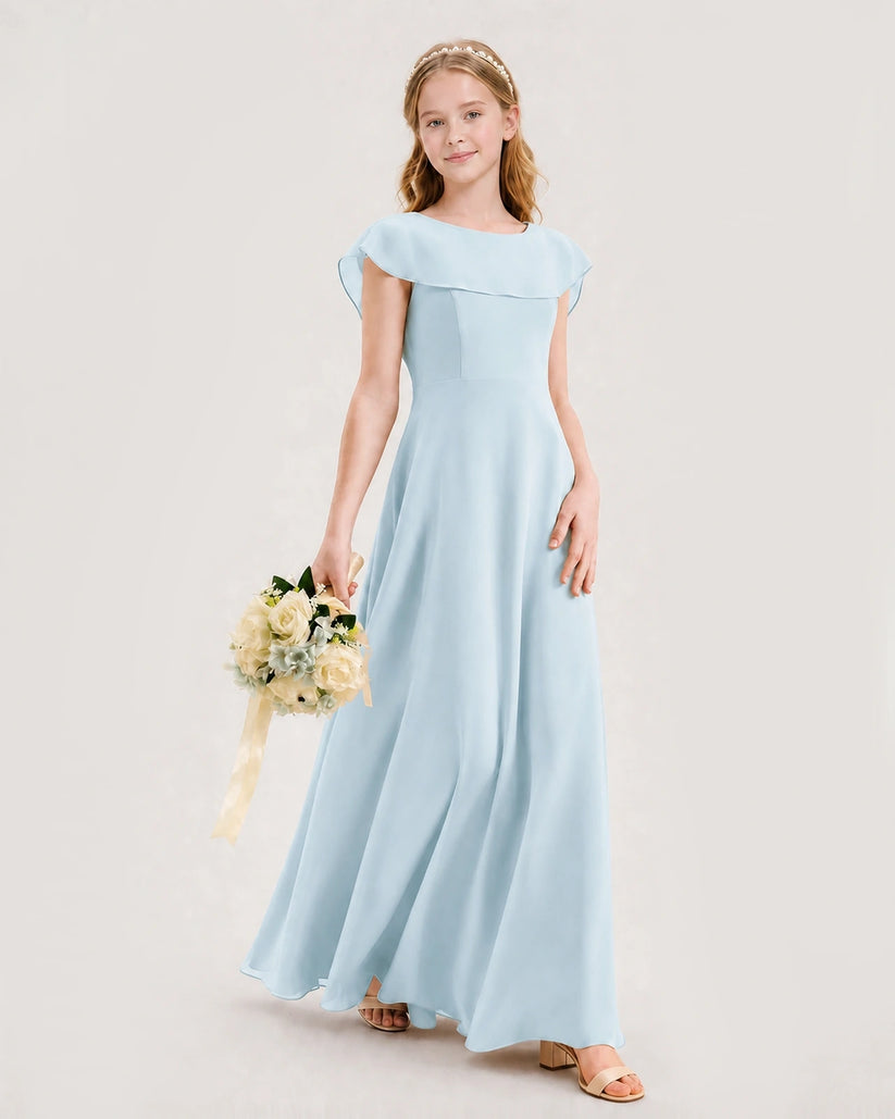 Baby Blue Chiffon Ruffle Sleeve Junior Bridesmaid Dresses Side View