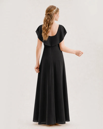Black chiffon ruffle-sleeve A-line junior bridesmaid dress, back view