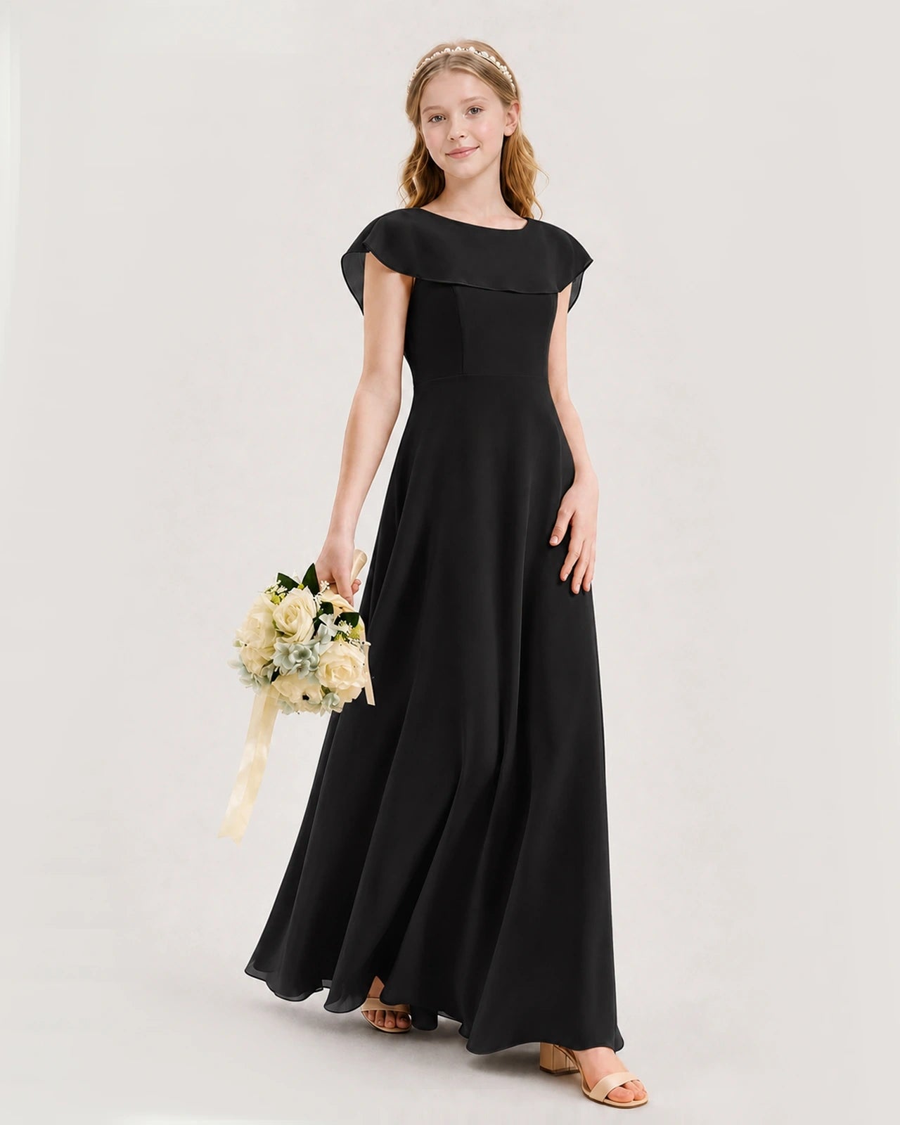 Black Chiffon A-line Junior Bridesmaid Dresses Side View