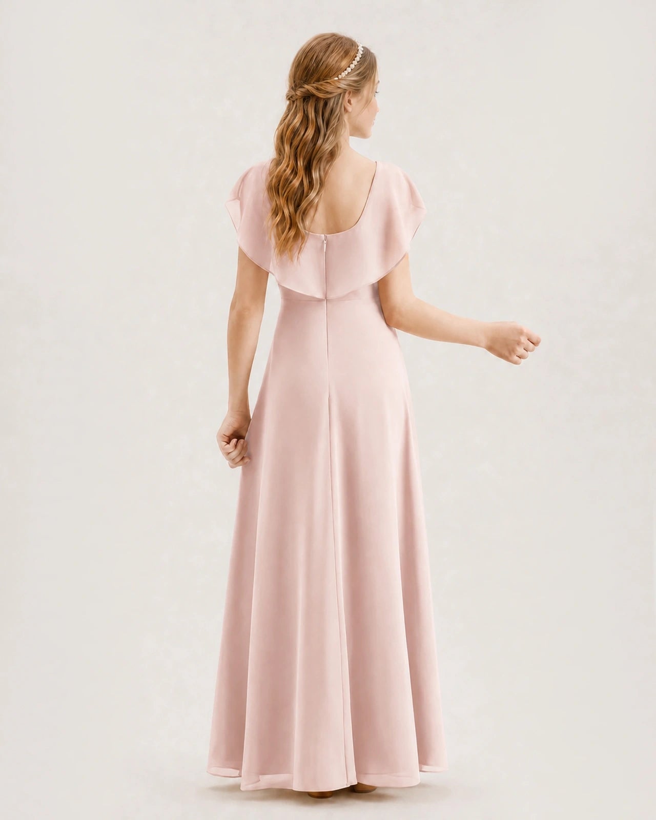 Blush Pink Chiffon Flutter Sleeve Junior Bridesmaid Dresses Back View