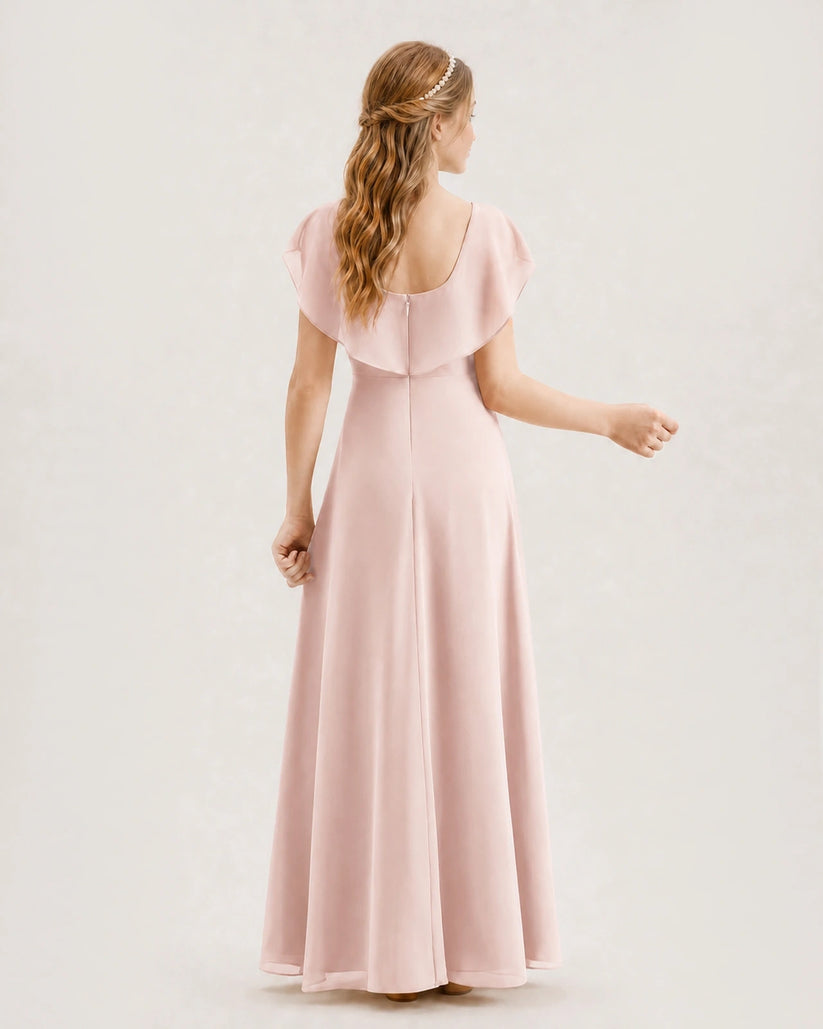 Blush Pink Chiffon Flutter Sleeve Junior Bridesmaid Dresses Back View