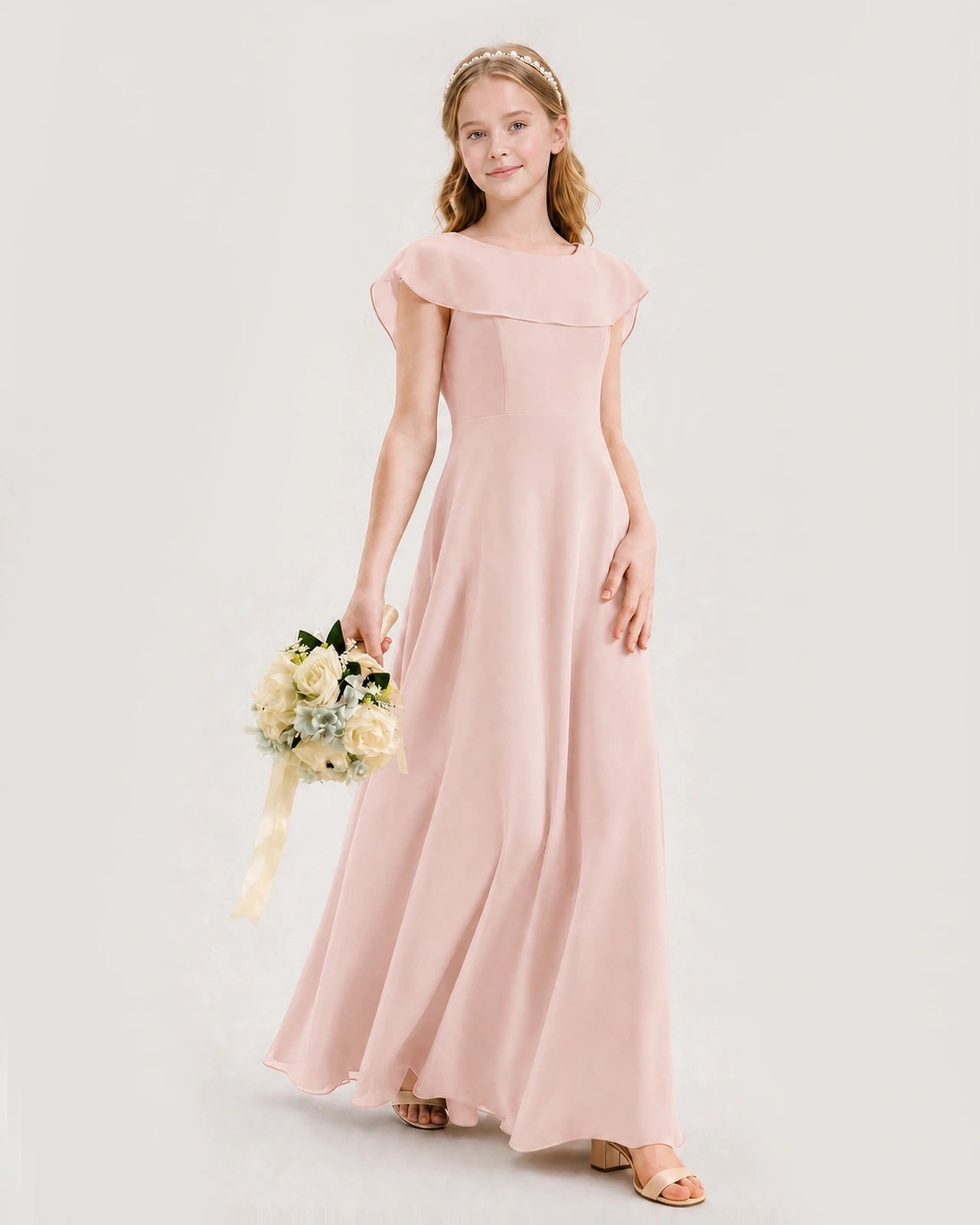 Blush Pink Chiffon Capelet A-Line Junior Bridesmaid Dresses Side View