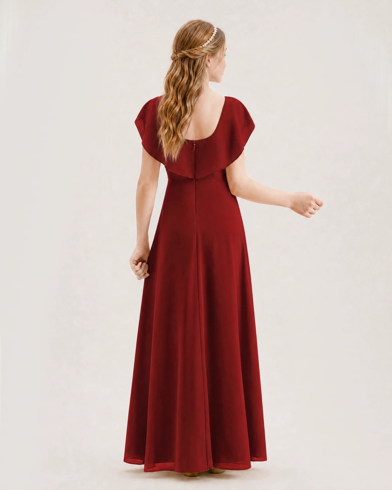 Burgundy Chiffon Ruffle Sleeve Junior Bridesmaid Dresses Back View