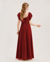 Burgundy Chiffon Ruffle Sleeve Junior Bridesmaid Dresses Back View