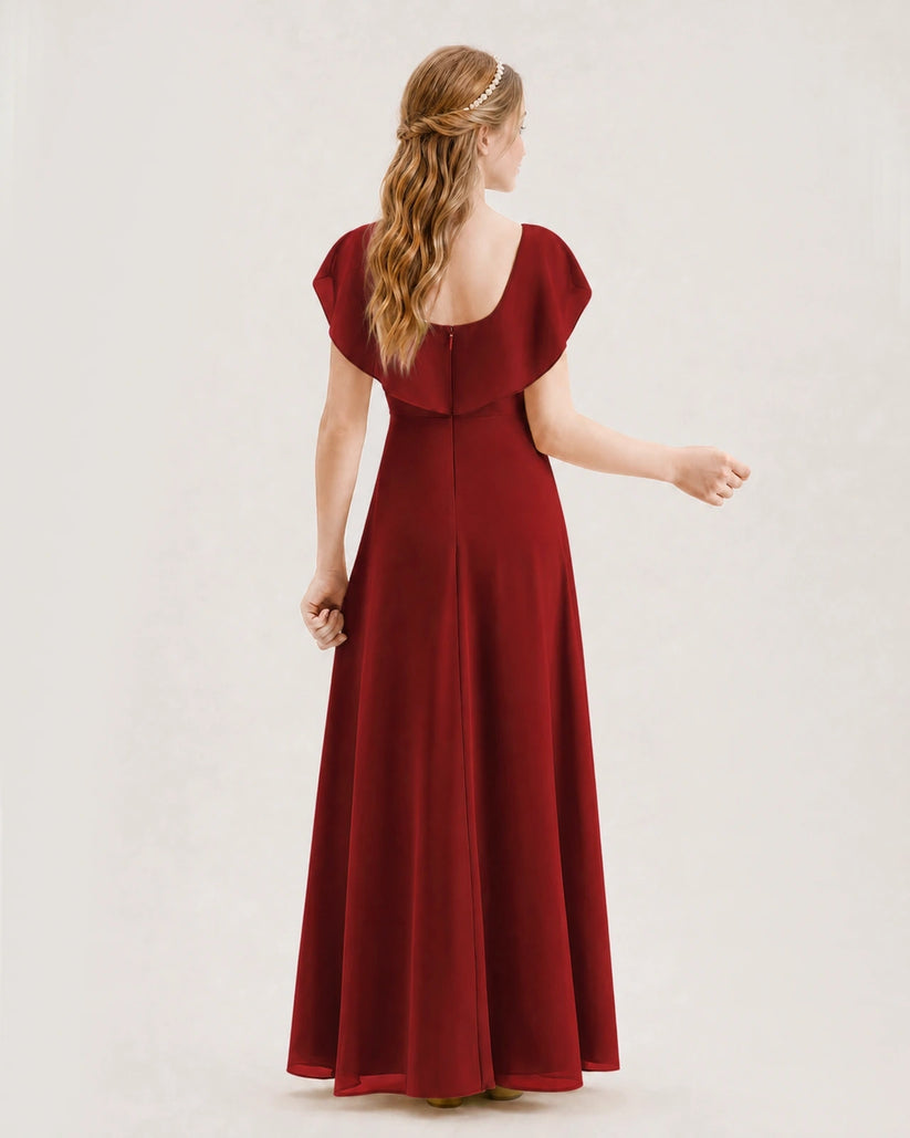 Burgundy Chiffon Ruffle Sleeve Junior Bridesmaid Dresses Back View