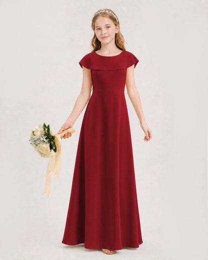 Burgundy chiffon overlay cap sleeve junior bridesmaid dresses front view