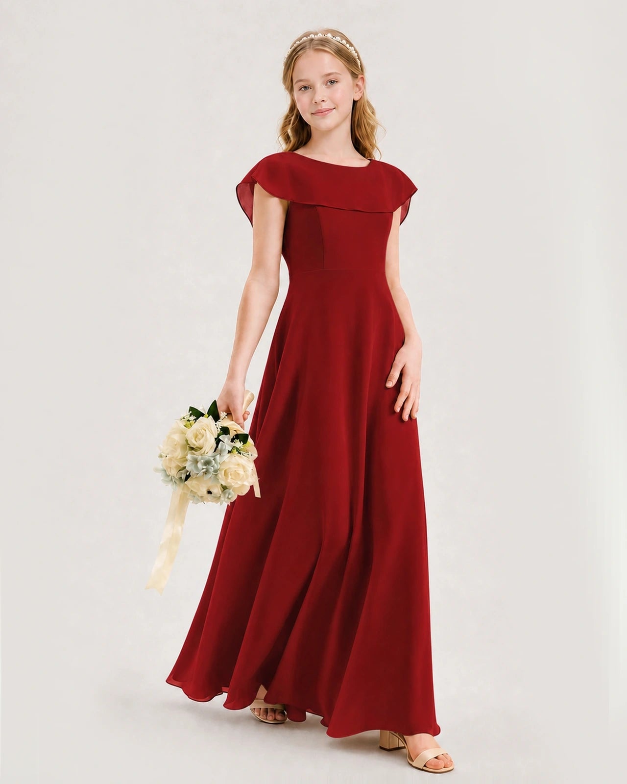 Burgundy Chiffon A-line Junior Bridesmaid Dresses Side View