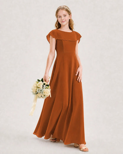 Burnt orange chiffon capelet A-line junior bridesmaid dress side view
