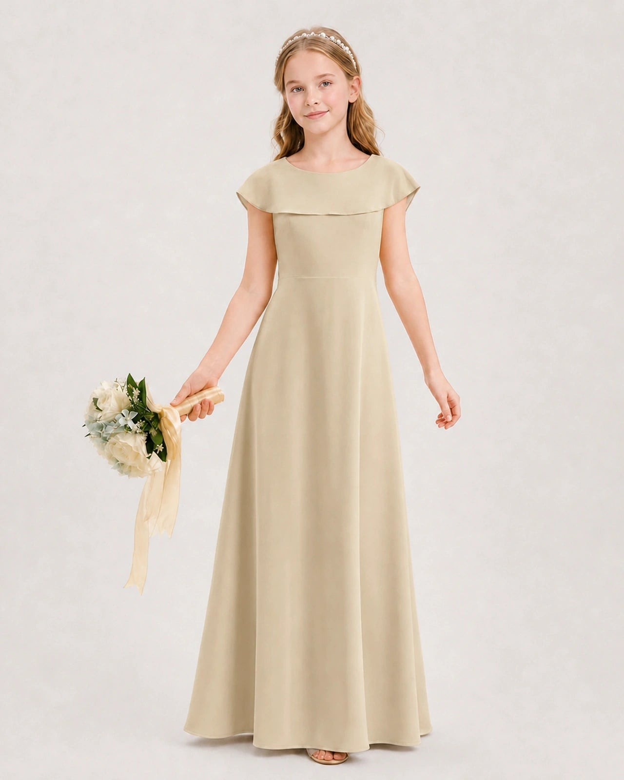 Champagne Chiffon A-Line Junior Bridesmaid Dresses Front View