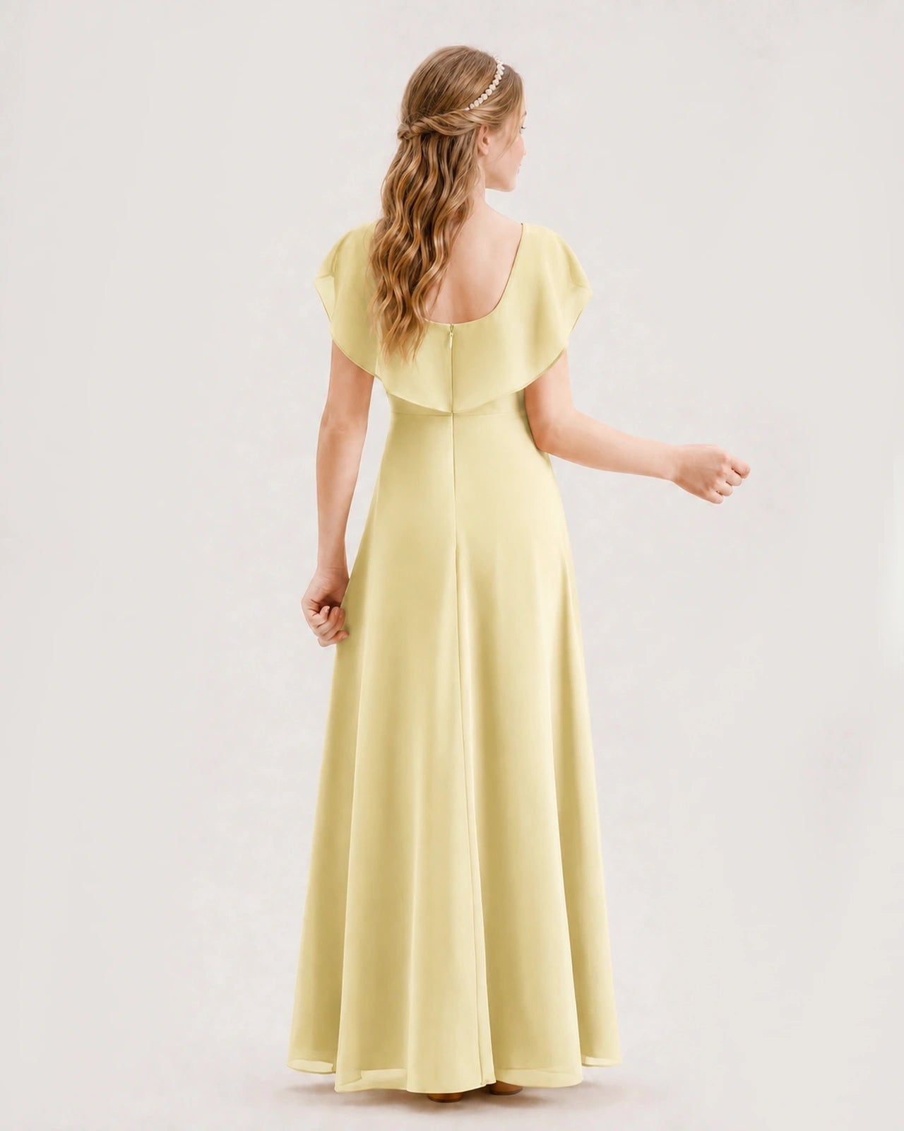Daffodil Chiffon Flutter Sleeve Junior Bridesmaid Dresses Back View