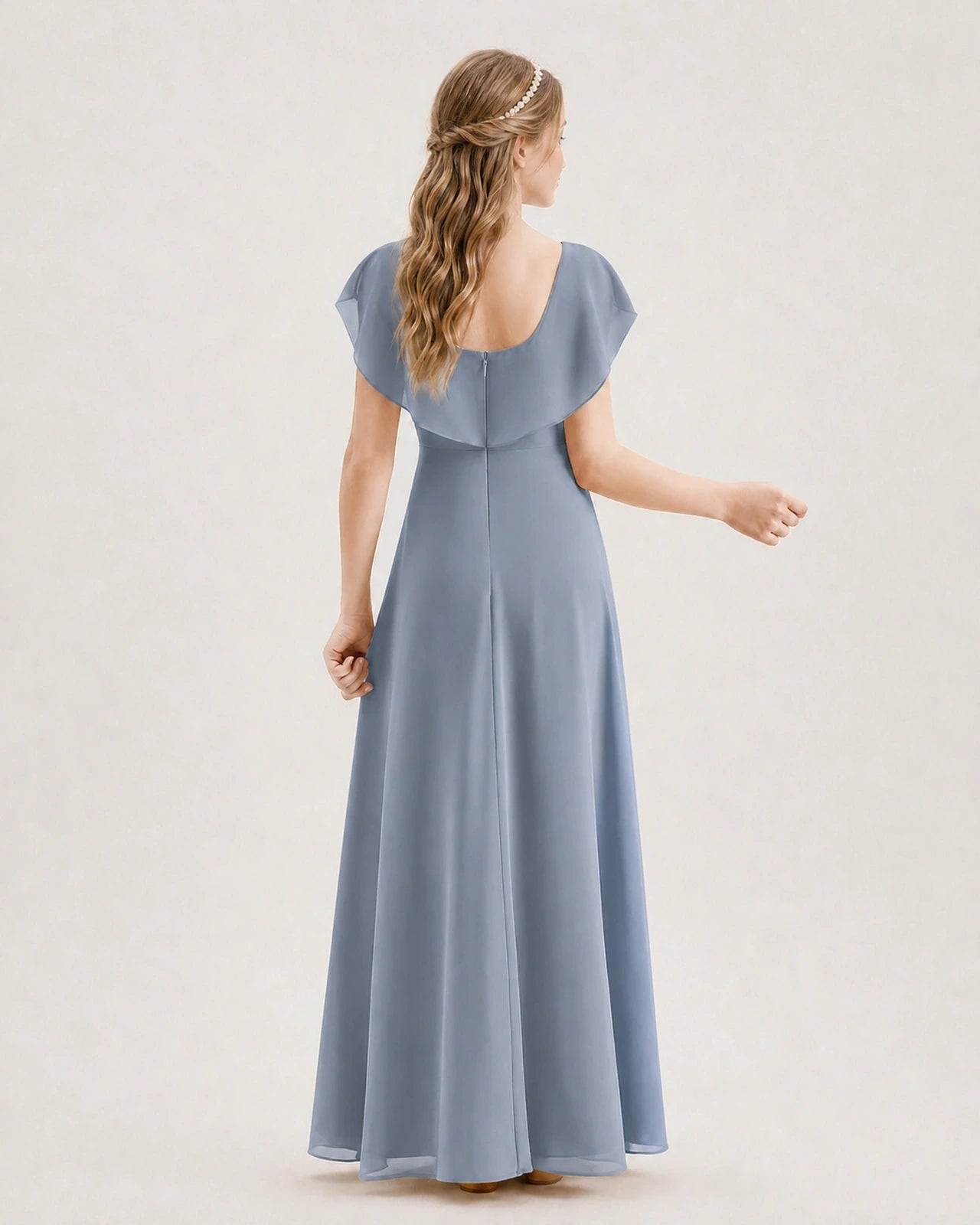 Dusty Blue Chiffon Ruffle Sleeve Junior Bridesmaid Dresses Back View