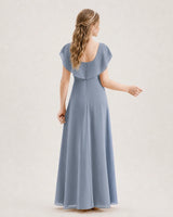 Dusty Blue Chiffon Ruffle Sleeve Junior Bridesmaid Dresses Back View