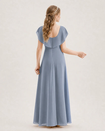 Dusty Blue Chiffon Ruffle Sleeve Junior Bridesmaid Dresses Back View