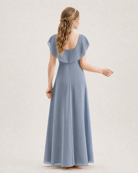 Dusty Blue Chiffon Ruffle Sleeve Junior Bridesmaid Dresses Back View