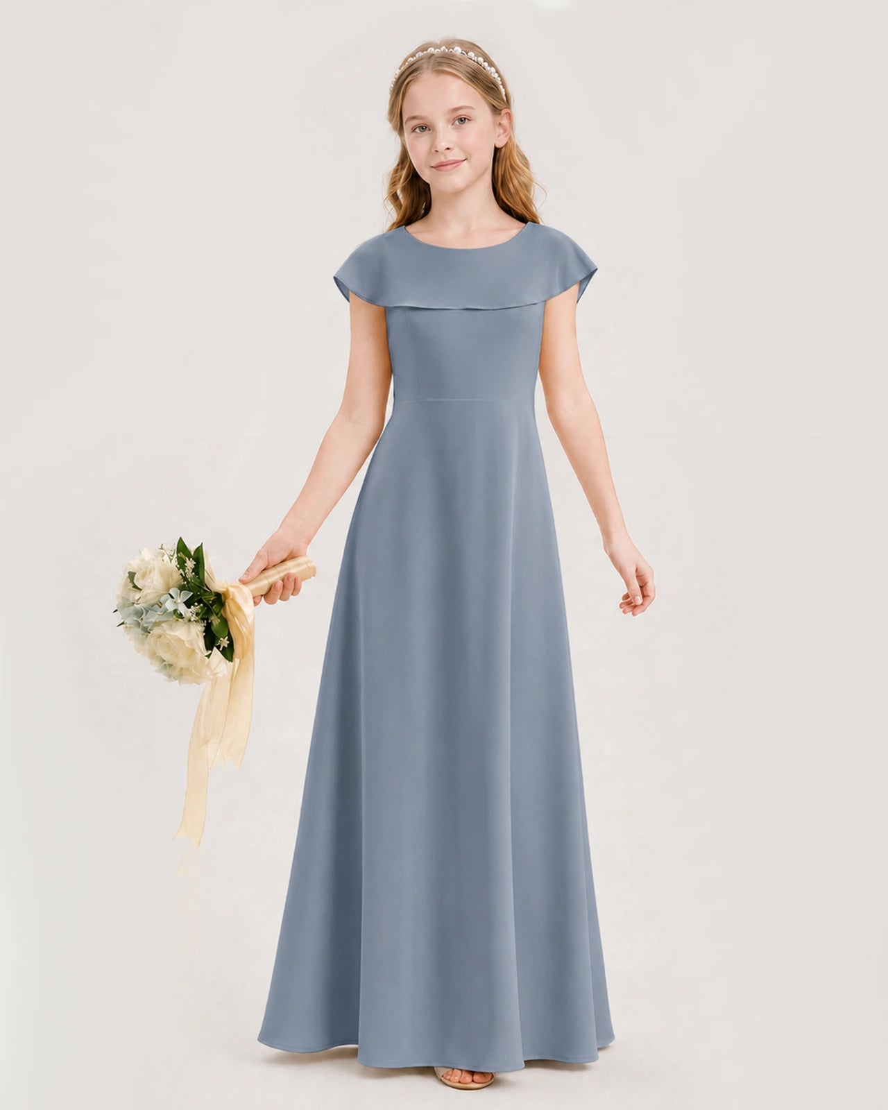 Dusty Blue Chiffon Ruffle Sleeve Junior Bridesmaid Dresses Front View