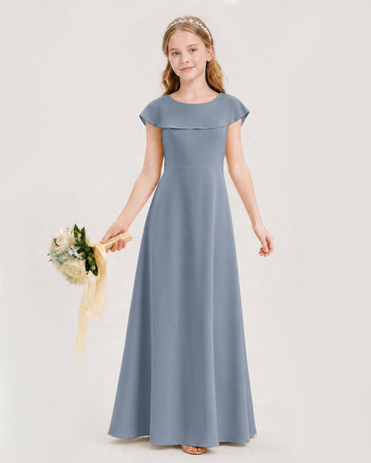 Dusty Blue Chiffon Ruffle Sleeve Junior Bridesmaid Dresses Front View