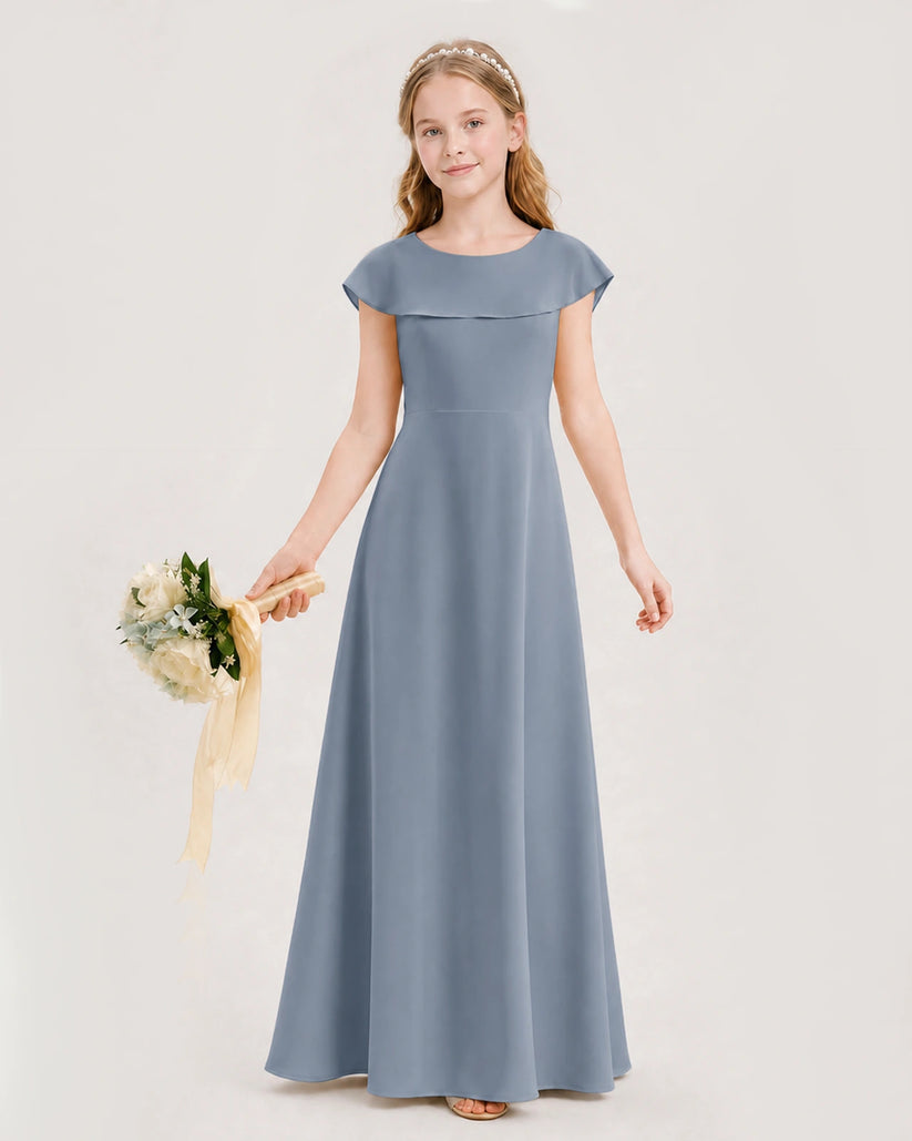 Dusty Blue Chiffon Ruffle Sleeve Junior Bridesmaid Dresses Front View