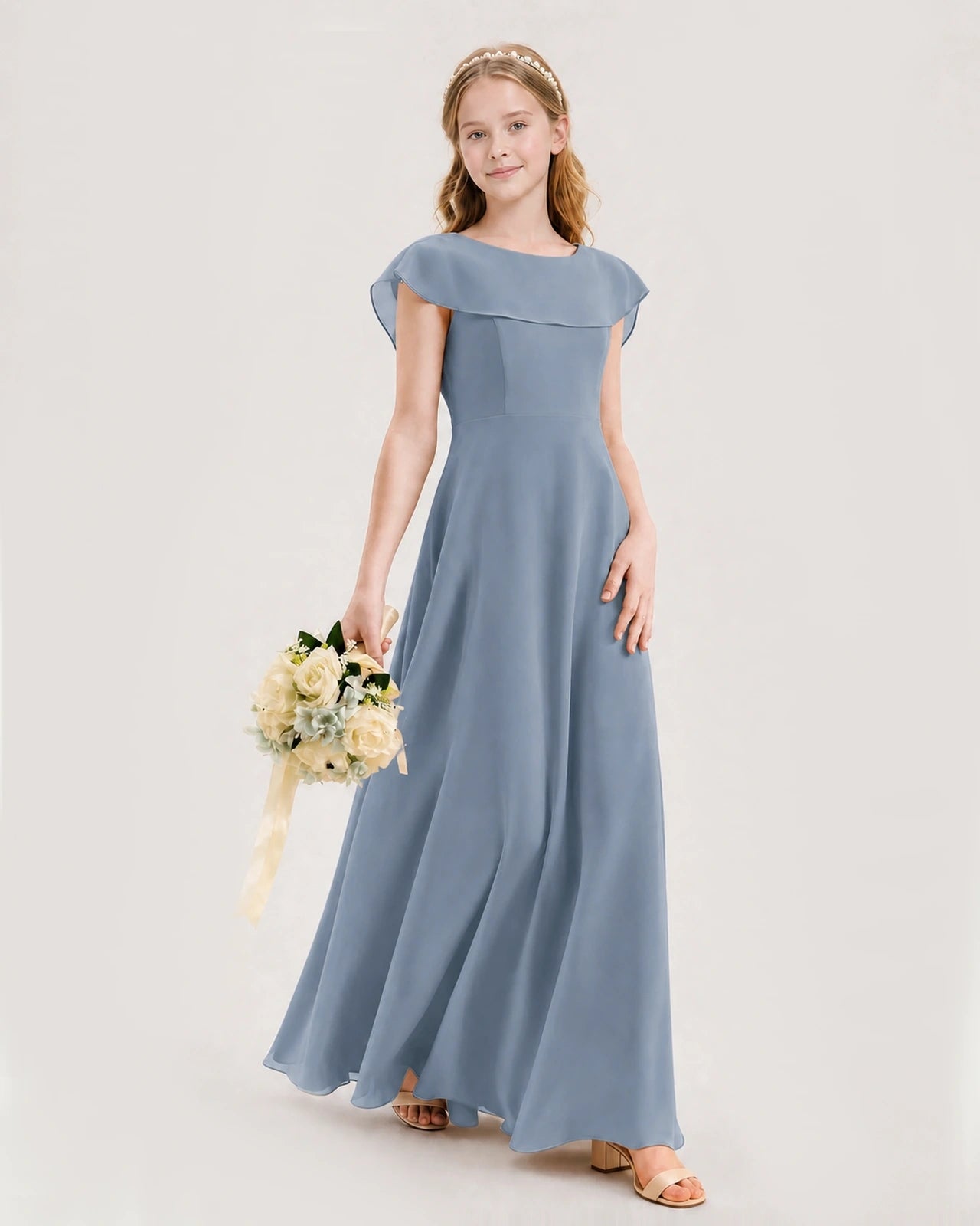 Dusty Blue Chiffon A-Line Junior Bridesmaid Dresses Side View