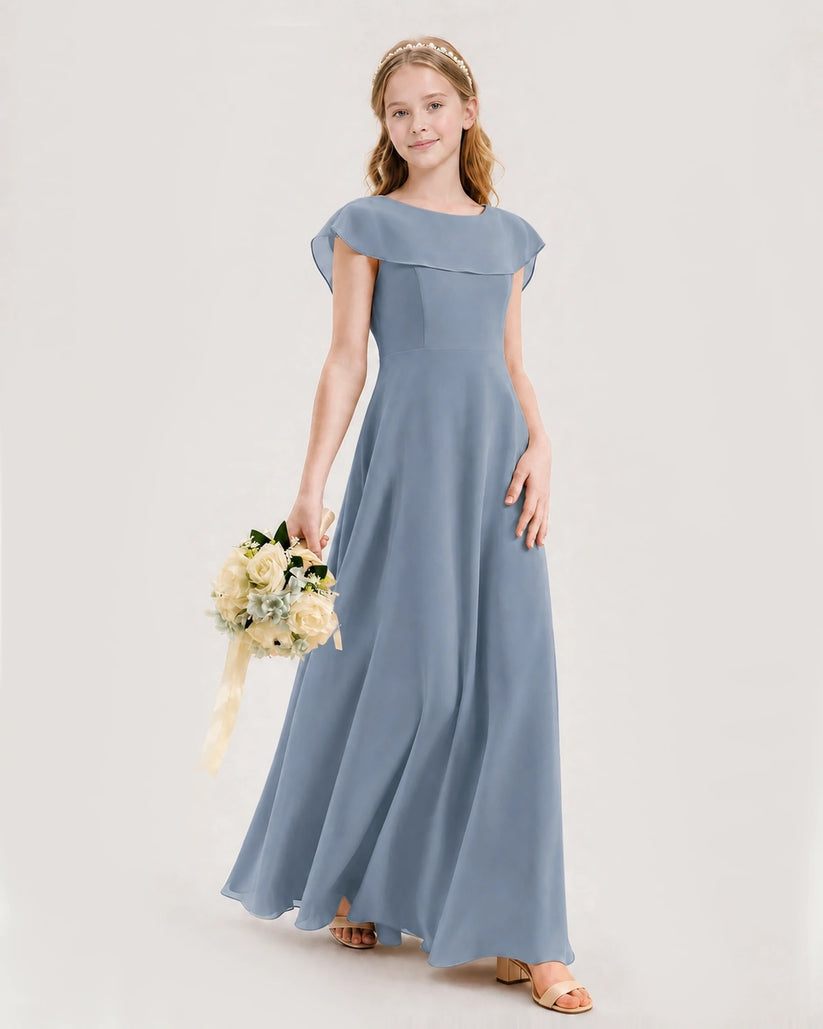 Dusty Blue Chiffon A-Line Junior Bridesmaid Dresses Side View