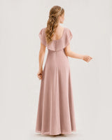 Dusty Rose Chiffon Ruffle Flutter Sleeve Junior Bridesmaid Dresses Back View