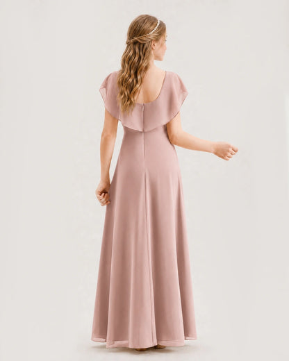 Dusty Rose Chiffon Ruffle Flutter Sleeve Junior Bridesmaid Dresses Back View