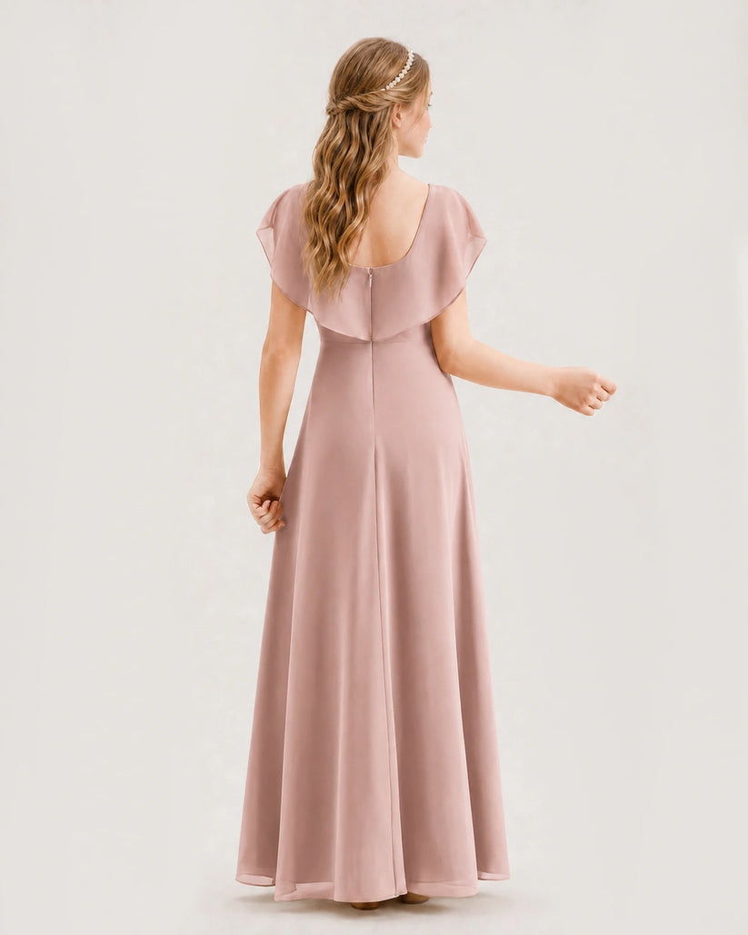 Dusty Rose Chiffon Ruffle Flutter Sleeve Junior Bridesmaid Dresses Back View