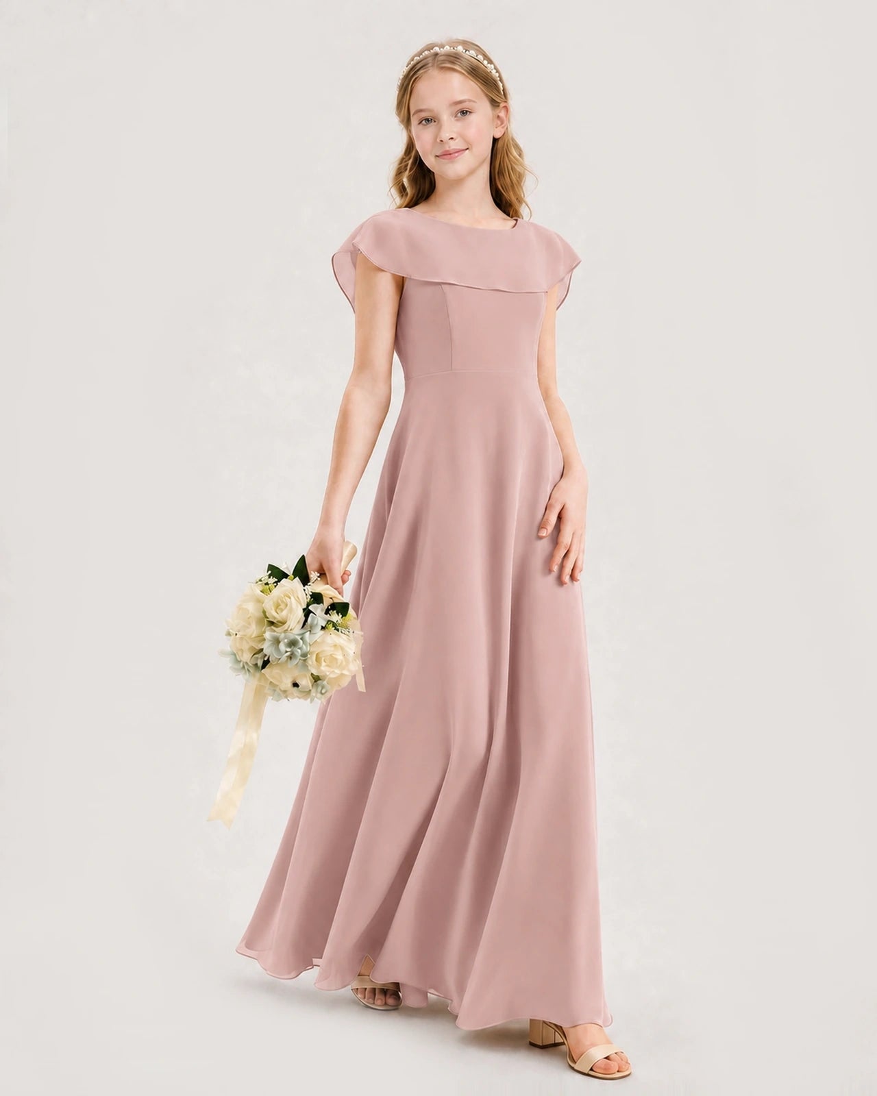 Dusty Rose Chiffon A-Line Junior Bridesmaid Dresses Side View