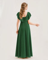 Emerald Green Chiffon Flutter Sleeve Junior Bridesmaid Dresses Back View
