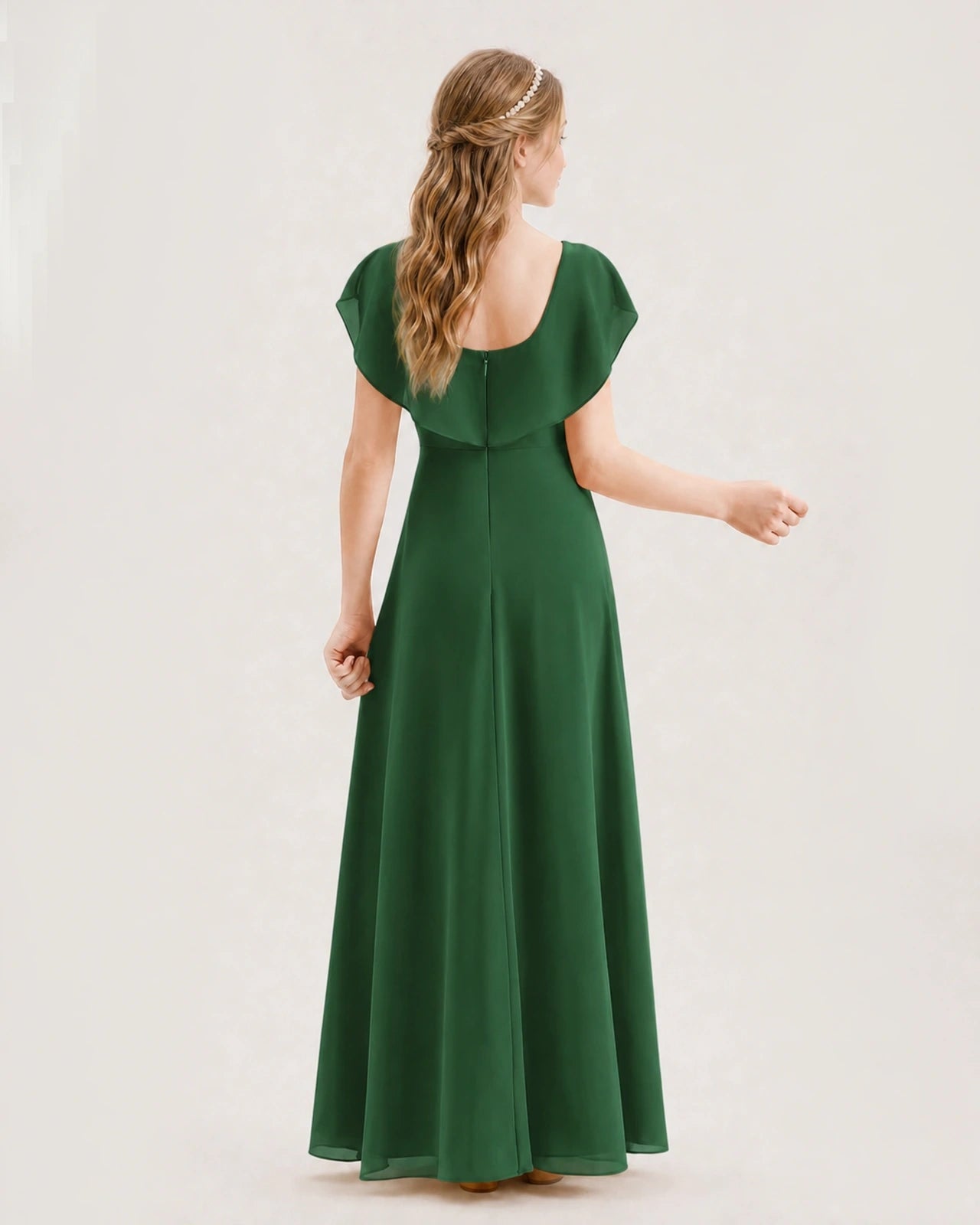 Emerald Green Chiffon Flutter Sleeve Junior Bridesmaid Dresses Back View