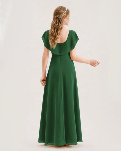 Emerald Green Chiffon Flutter Sleeve Junior Bridesmaid Dresses Back View