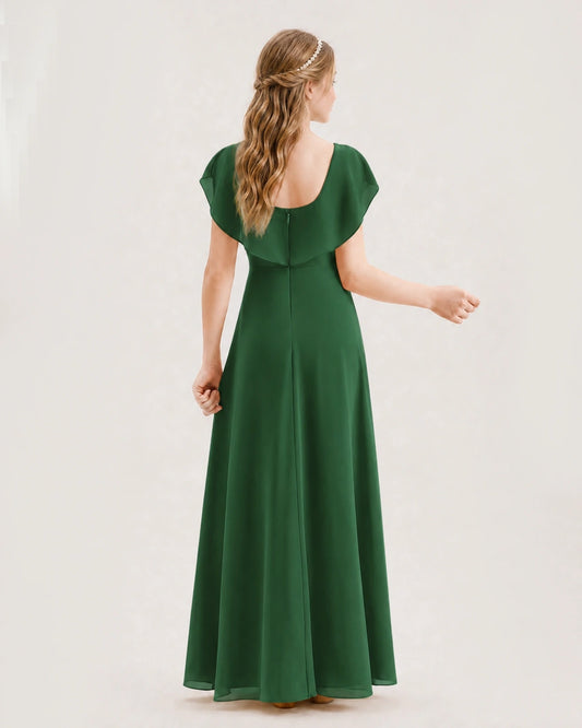 Emerald Green Chiffon Flutter Sleeve Junior Bridesmaid Dresses Back View