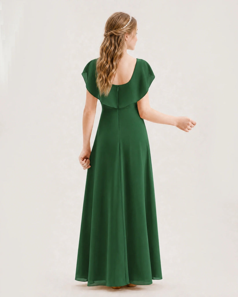 Emerald Green Chiffon Flutter Sleeve Junior Bridesmaid Dresses Back View