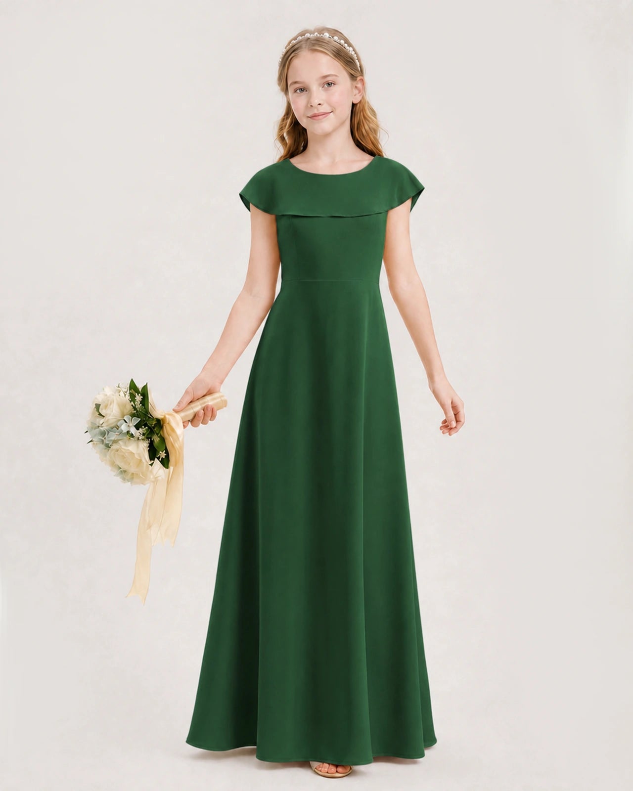Emerald Green Chiffon A-Line Junior Bridesmaid Dresses Front View