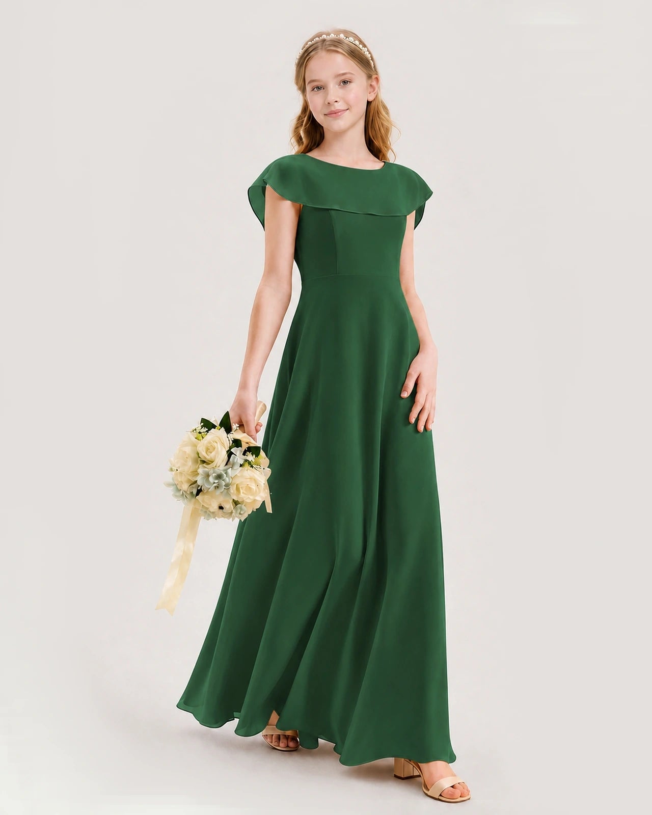 Emerald Green Chiffon Capelet A-Line Junior Bridesmaid Dresses Side View