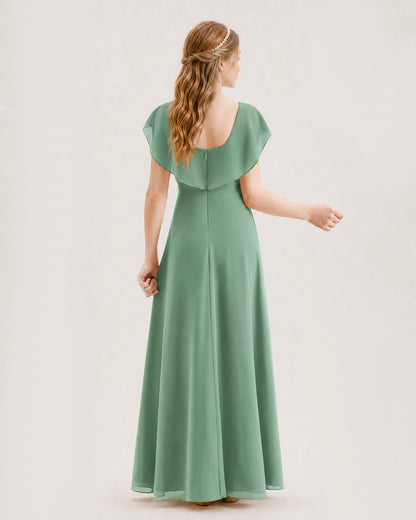 Eucalyptus Chiffon A-line Junior Bridesmaid Dresses Back View