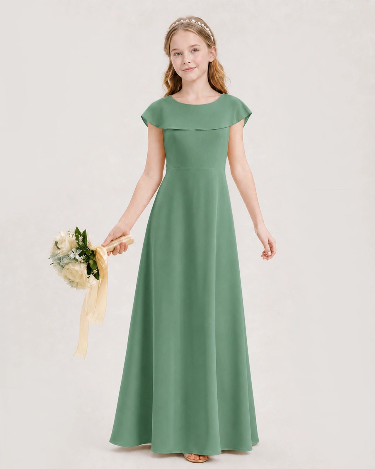 Eucalyptus Chiffon Cap Sleeve A Line Junior Bridesmaid Dress Front View