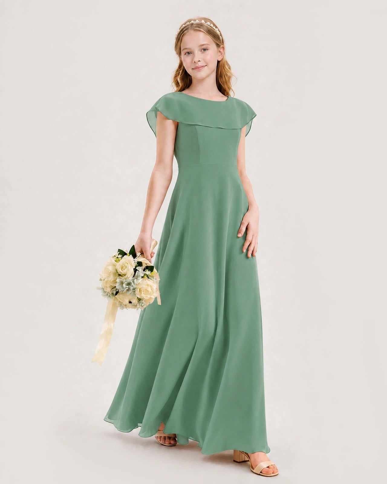 Eucalyptus Chiffon A-Line Junior Bridesmaid Dresses Side View