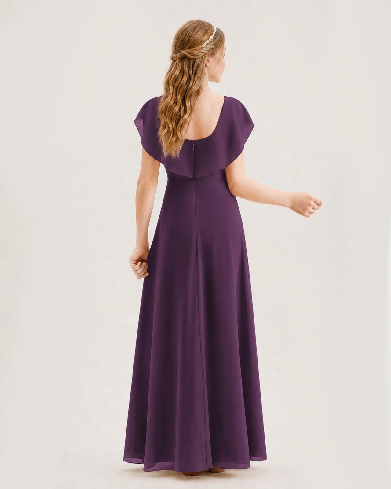 Grape chiffon scoop neck A-line junior bridesmaid dress Back View