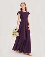 Grape chiffon capelet A-line junior bridesmaid dress side view