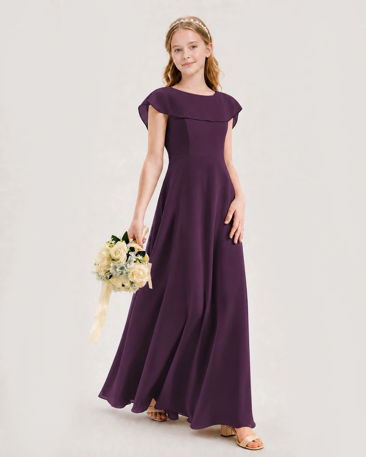 Grape chiffon capelet A-line junior bridesmaid dress side view