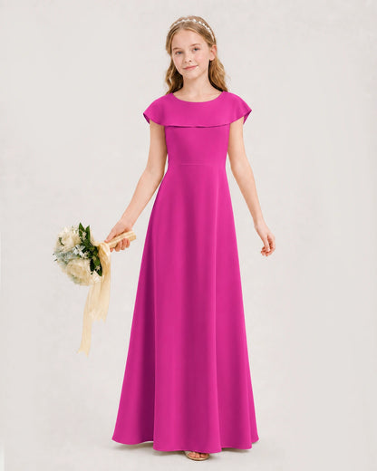 Hot Pink Chiffon Capelet A-Line Junior Bridesmaid Dresses Front View