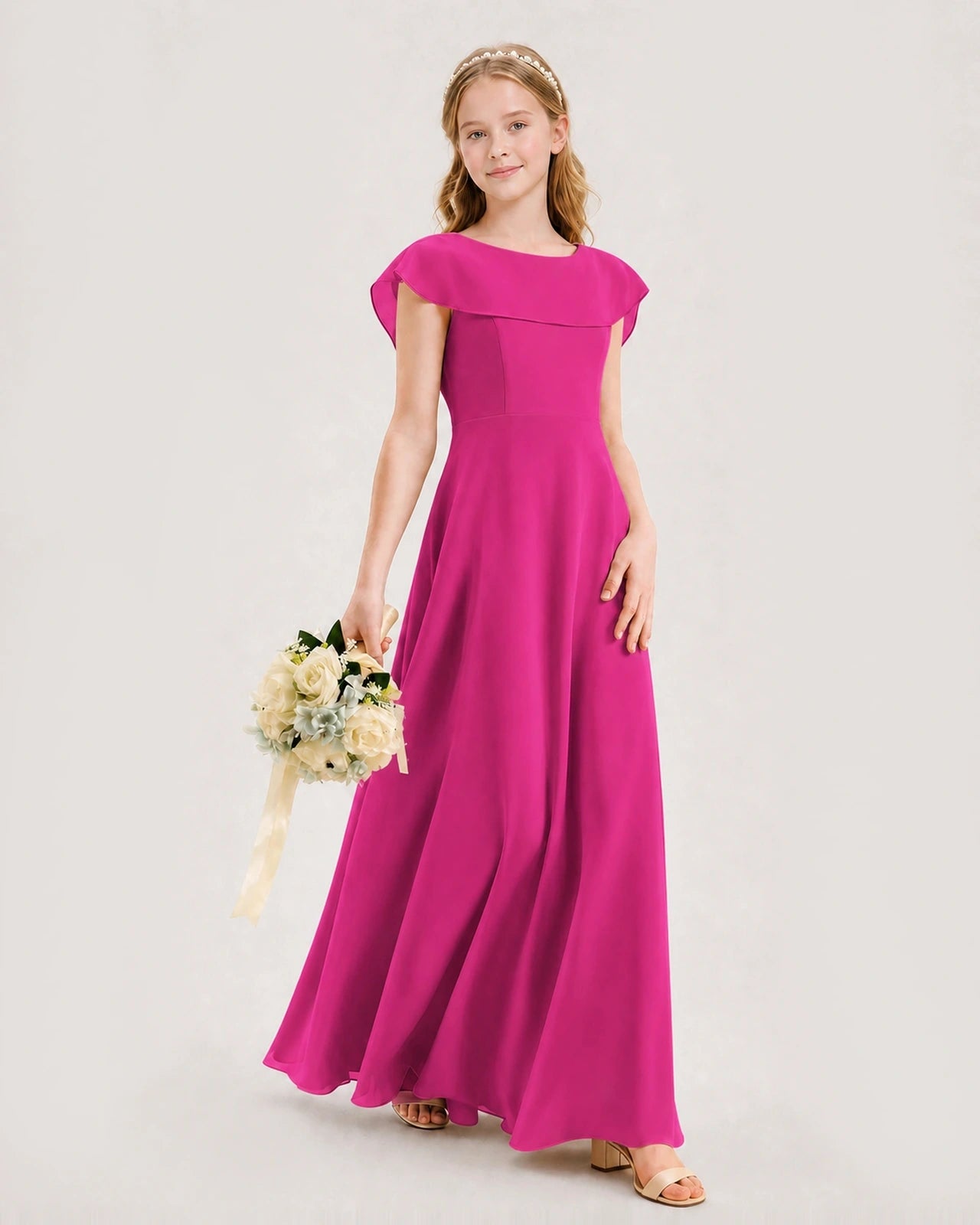 Hot Pink Chiffon Capelet A-Line Junior Bridesmaid Dresses Side View