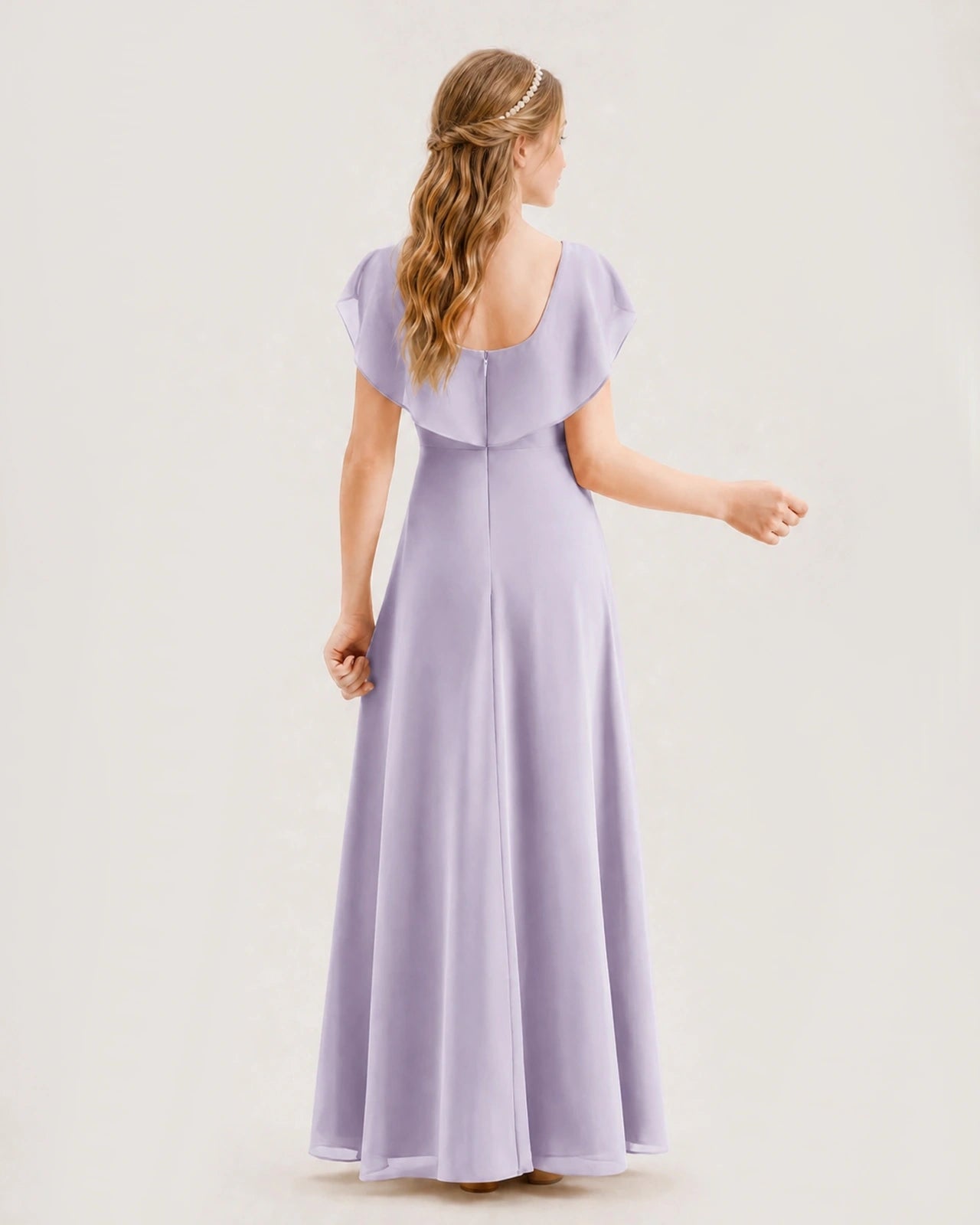 Lavender Chiffon Flutter Sleeve A-Line Junior Bridesmaid Dresses Back View