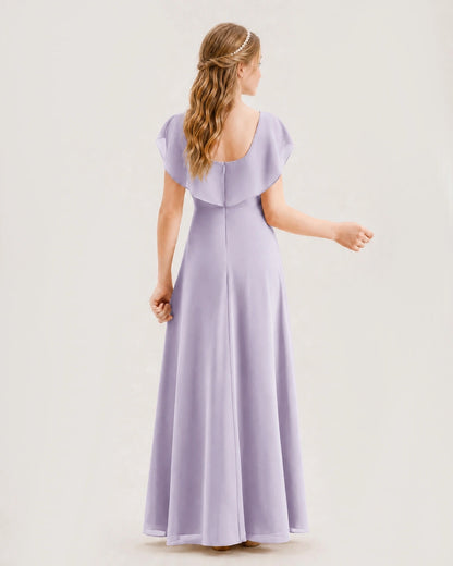Lavender Chiffon Flutter Sleeve A-Line Junior Bridesmaid Dresses Back View