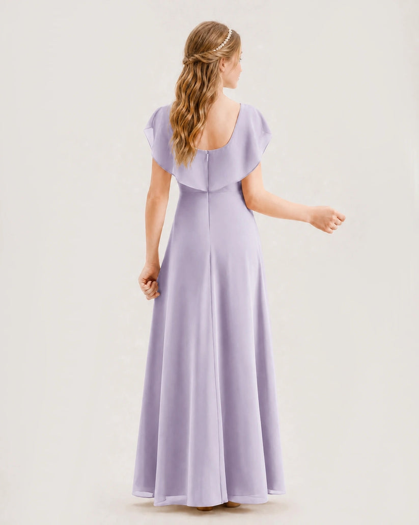 Lavender Chiffon Flutter Sleeve A-Line Junior Bridesmaid Dresses Back View