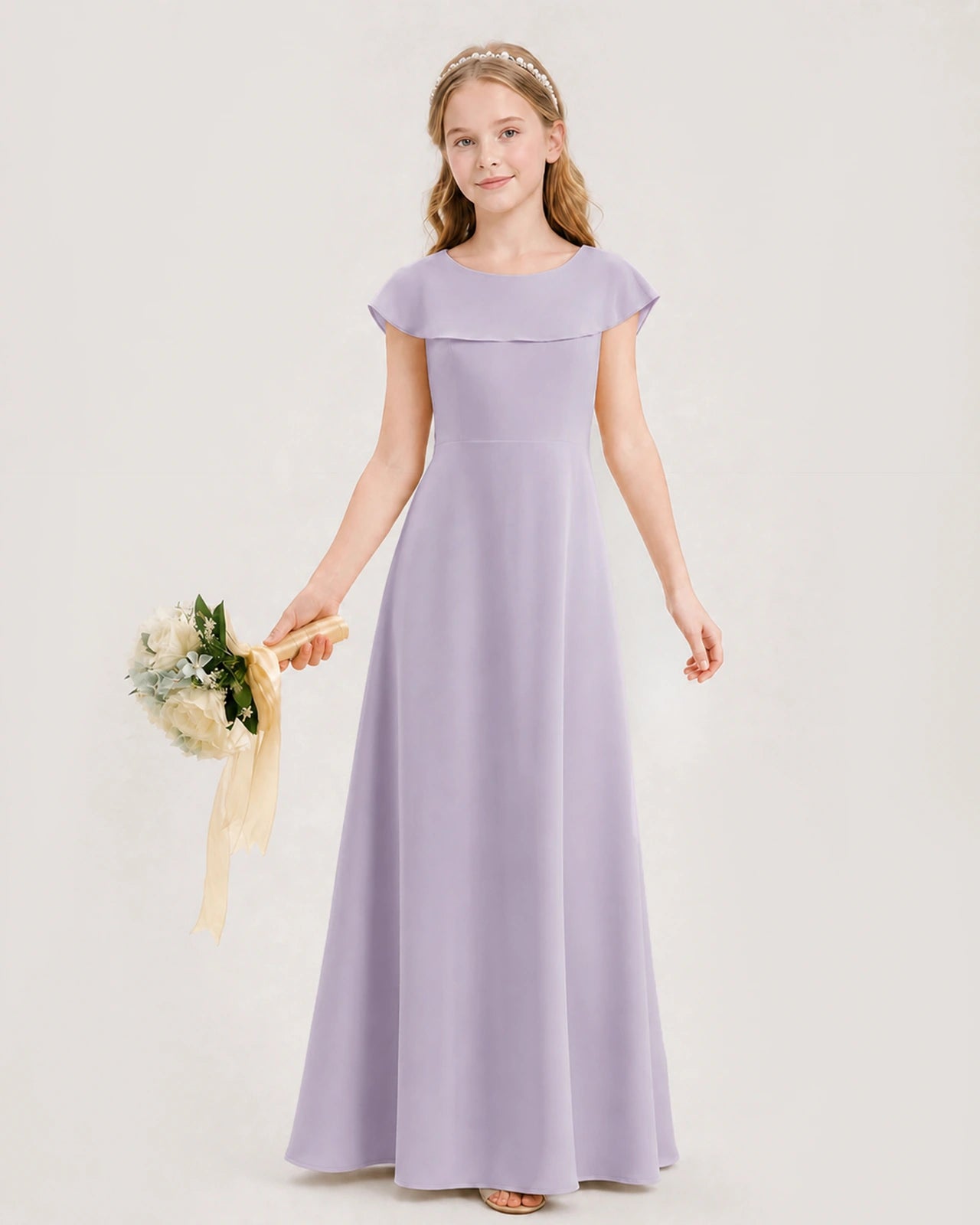 Lavender Chiffon Capelet A-Line Junior Bridesmaid Dresses Front View